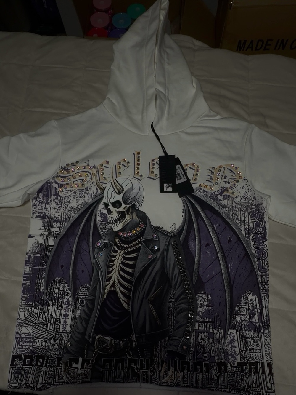 White Kids Hoodie with Purple Gothic Skeleton Graphic by